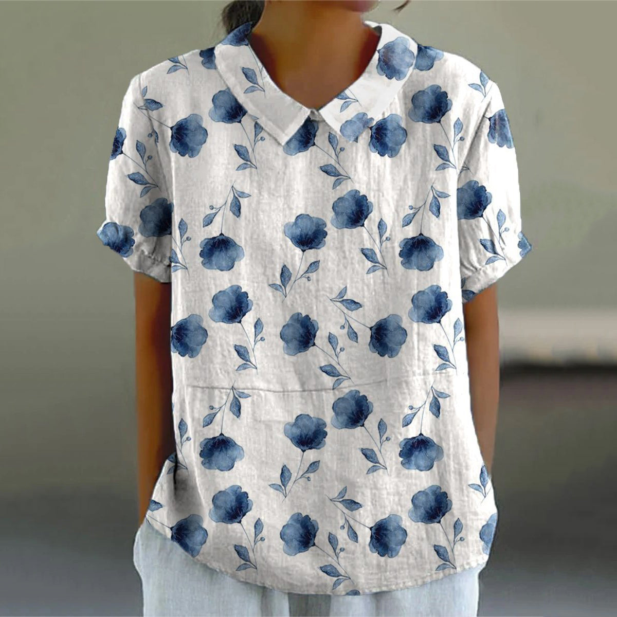 Comstylish Floral Print Lapel Short Sleeve Blouse