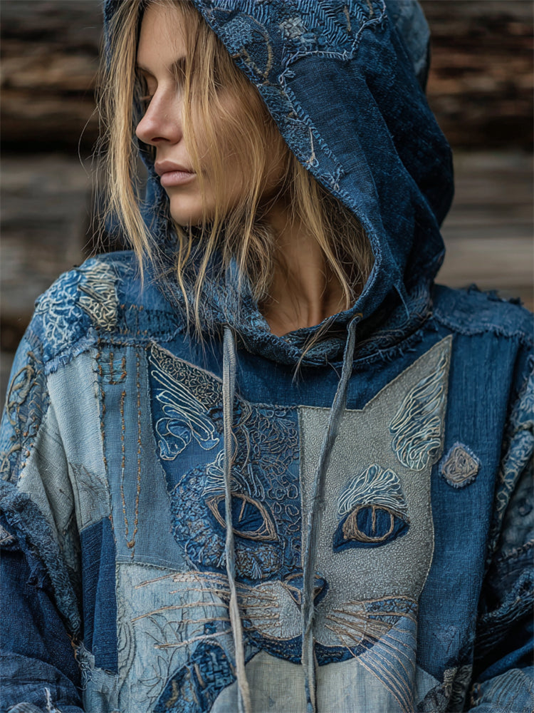 Comstylish Vintage Cat Face Floral Fiber Art Patchwork Hoodie