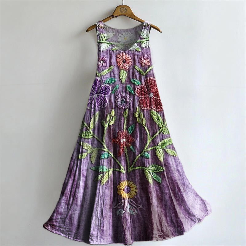 Women's Vintage Ethnic Floral Art Print Crew Neck Sleeveless Cotton Po