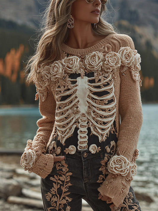 Women's Halloween Skull Rose Retro Round Neck Sweater artswardrobe