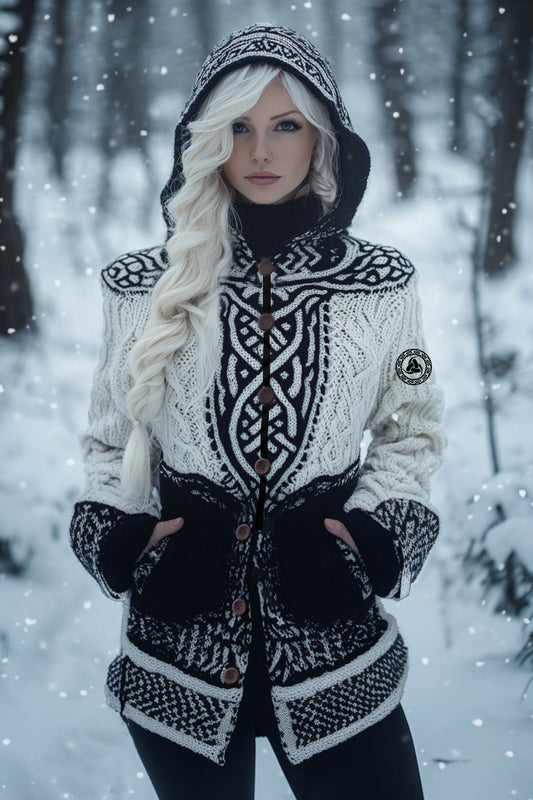 Vintage Viking Runes Celtic Knot Knit Jacquard Button Hooded Sweater elevenforest