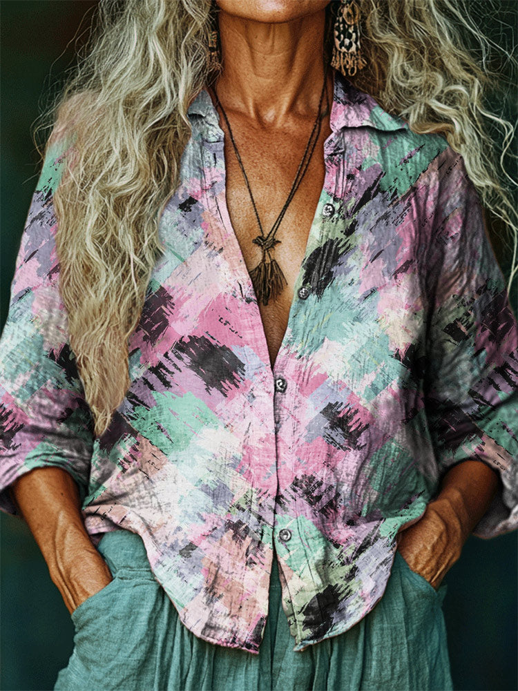 Women's Hippie Art Painting Print V-Neck Shirt