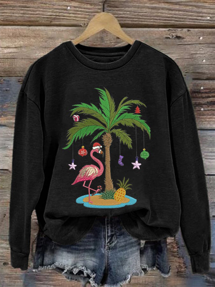 Comstylish Women's Christmas Palm Tree Flamingo Embroidery Print Casual Sweatshirt