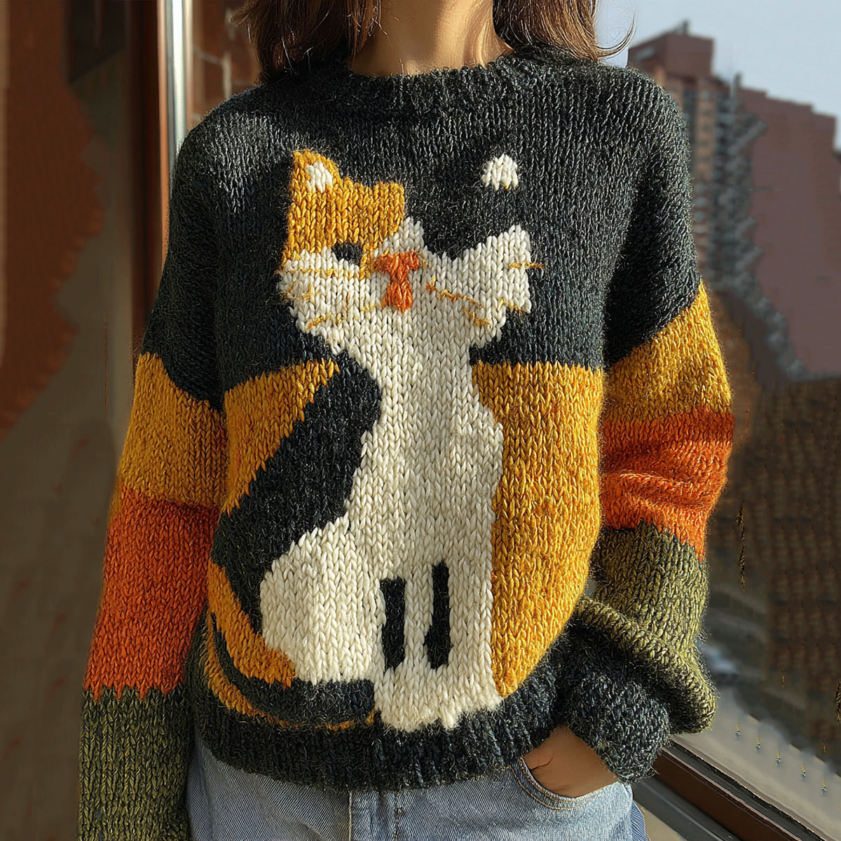 Cute Ugly Cat Pattern Art Cozy Knit Sweater elevenforest