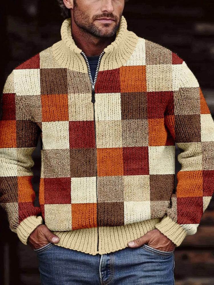 Men's Retro Colorblock Patchwork Cozy Zip Cardigan elevenforest