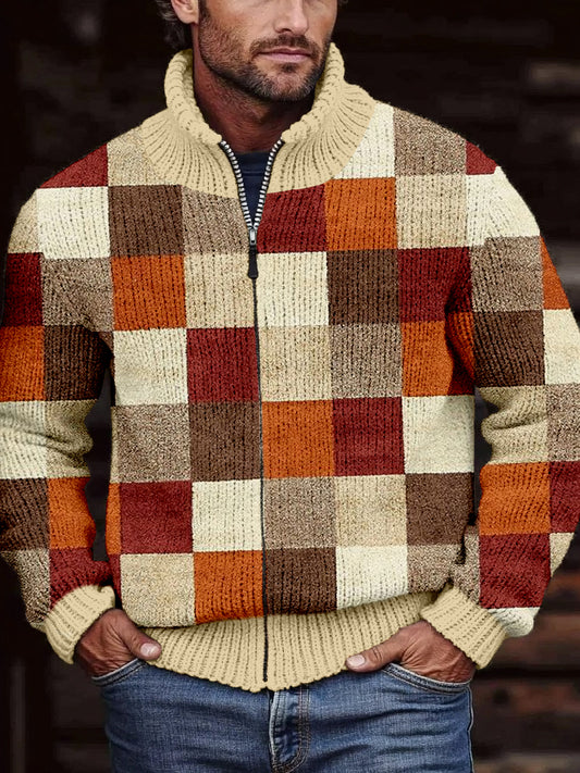 Men's Retro Colorblock Patchwork Cozy Zip Cardigan elevenforest