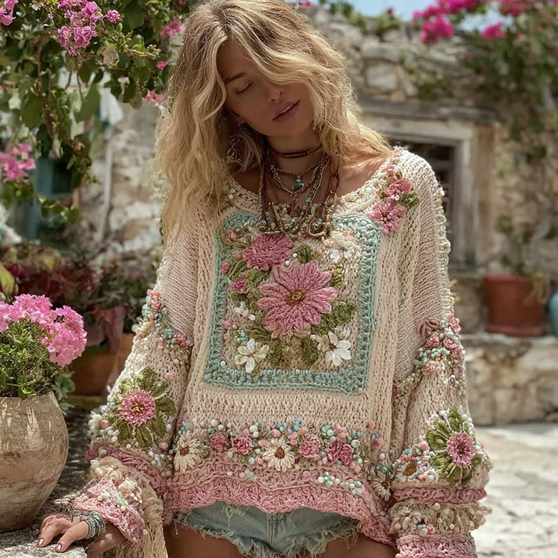 Women's Boho Classic Grandma Check Crochet Floral Sweater elevenforest