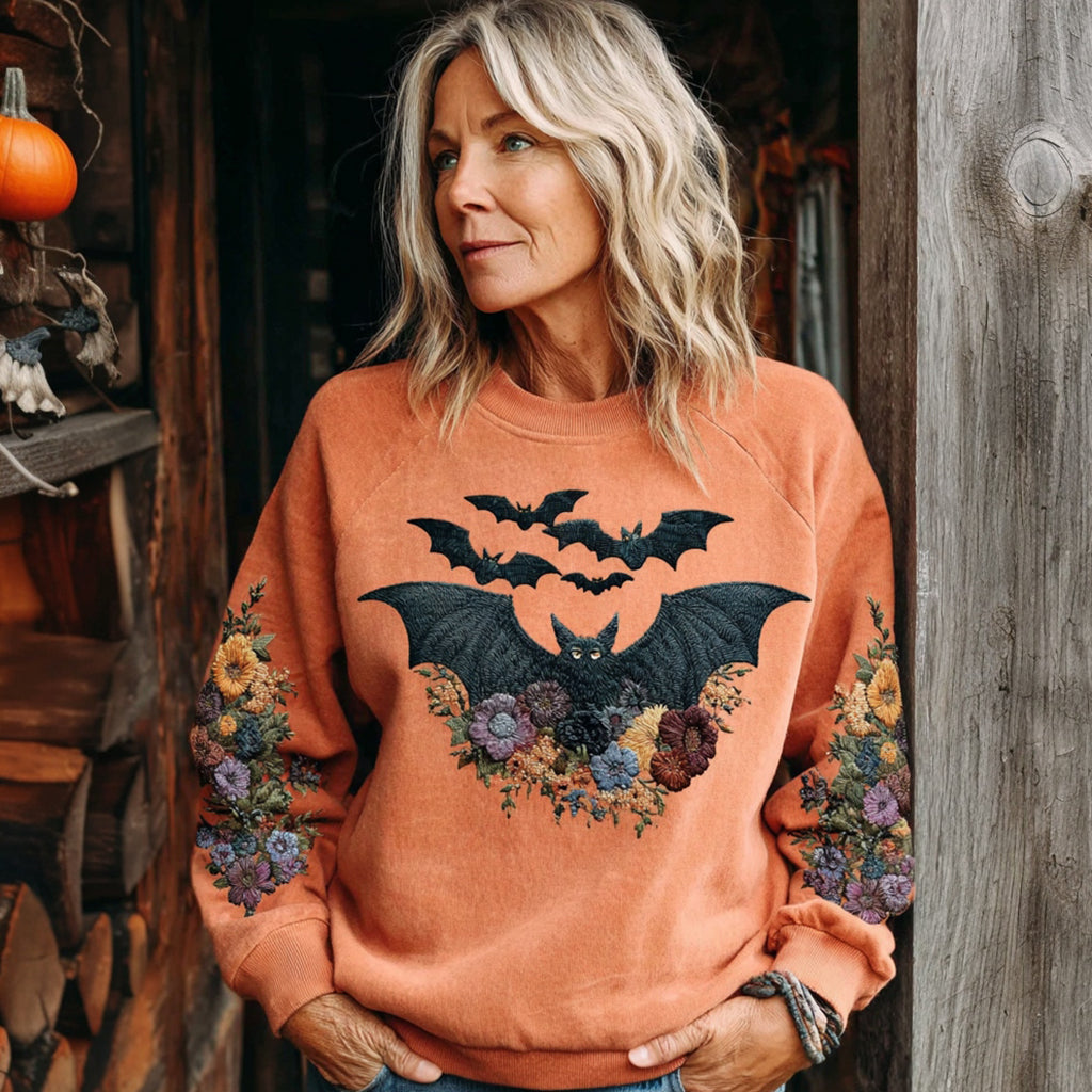 Comstylish Vintage Halloween Bat Floral Print Casual Sweatshirt