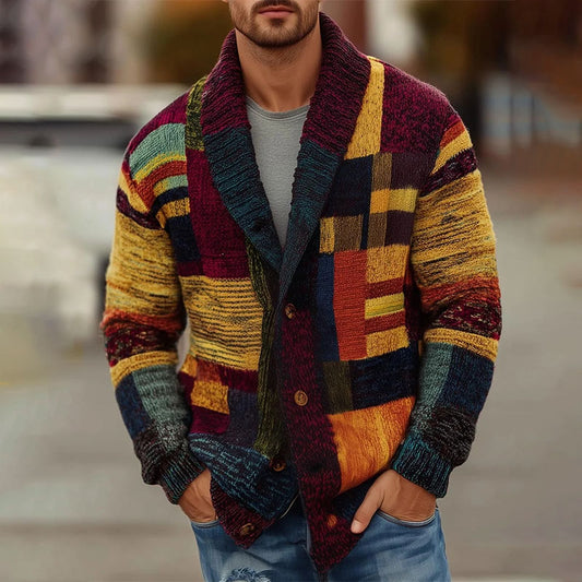 Vintage Color Block Shawl Collar Sweater Cardigan artswardrobe