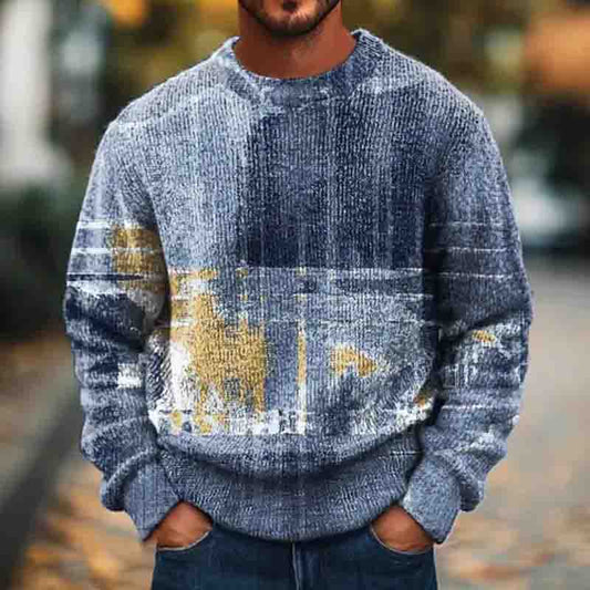 Men's Gradient Color Abstract Art Print Knitted Crew Neck Sweater elevenforest