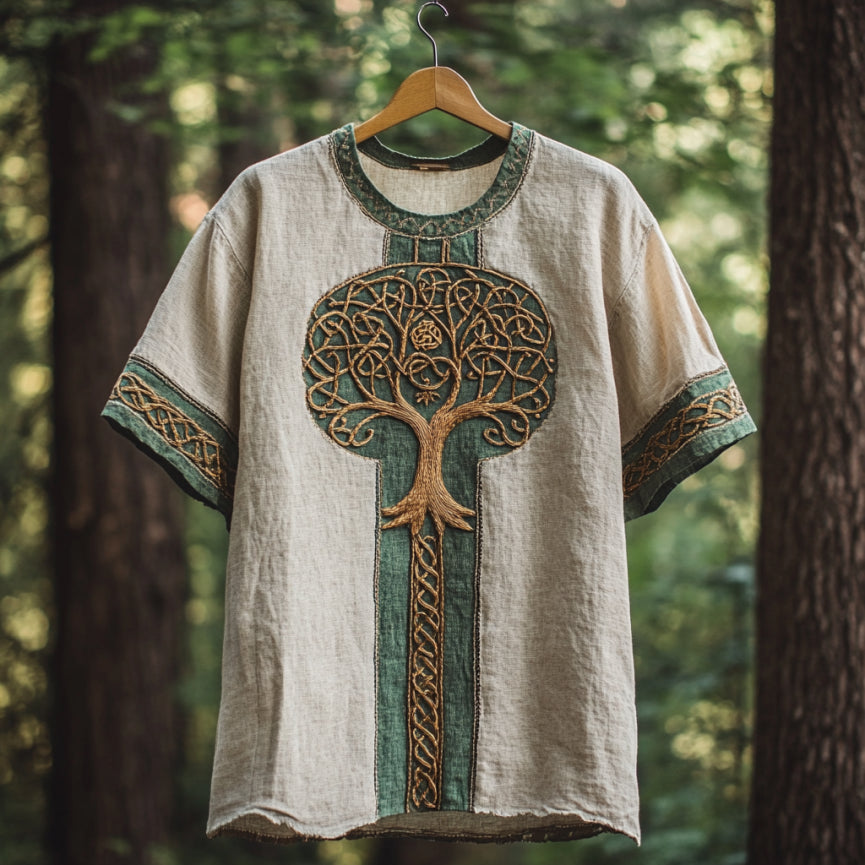 Men's Viking Tribal Tree Of Life With Celtic Art Linen T-shirt artswardrobe