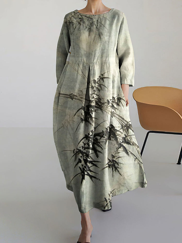 Women Japanese Art Bamboo Pattern Linen Blend Maxi Dress