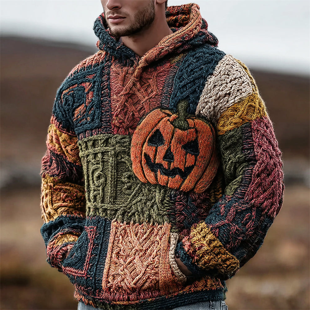 Halloween Pumpkin Face Geometric Patchwork Men's Chunky Knit Hooded Sweater artswardrobe