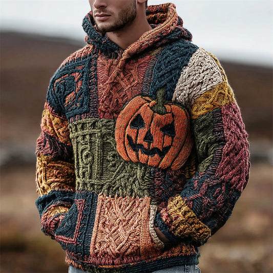 Halloween Pumpkin Face Geometric Patchwork Men's Chunky Knit Hooded Sweater artswardrobe
