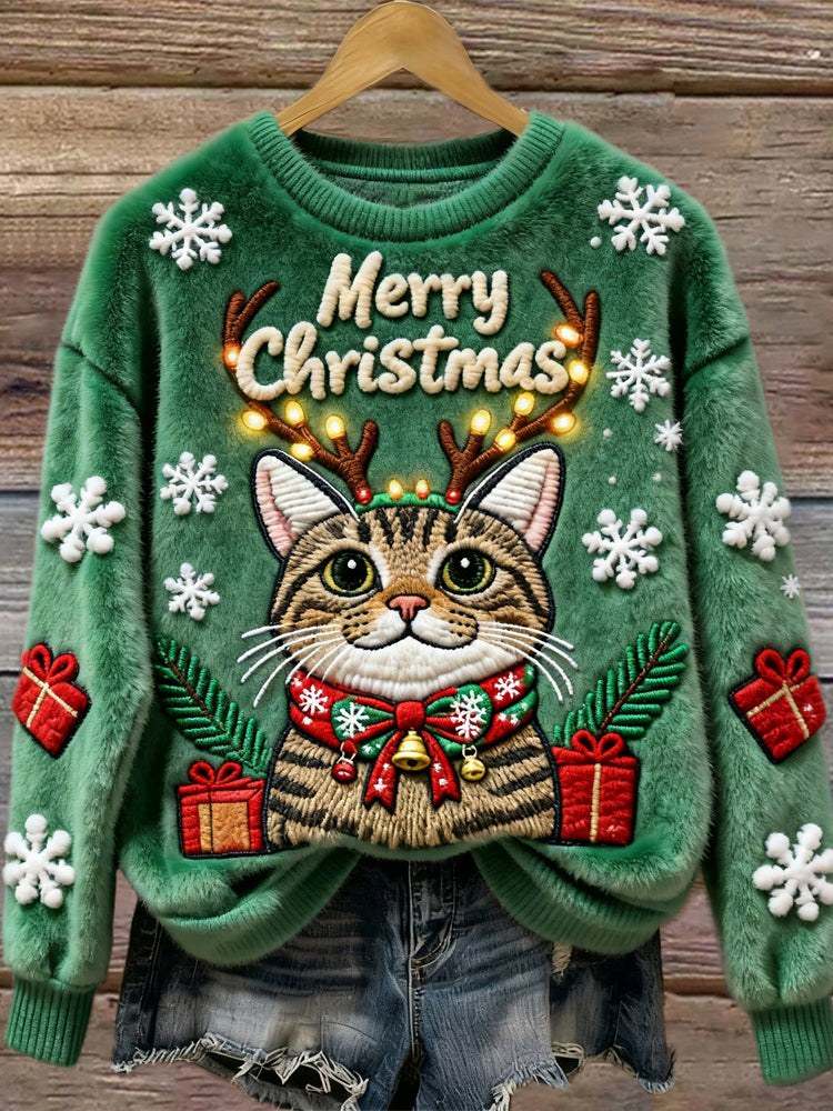 Comstylish Merry Christmas Cat Art Women's Cozy Plush Sweater