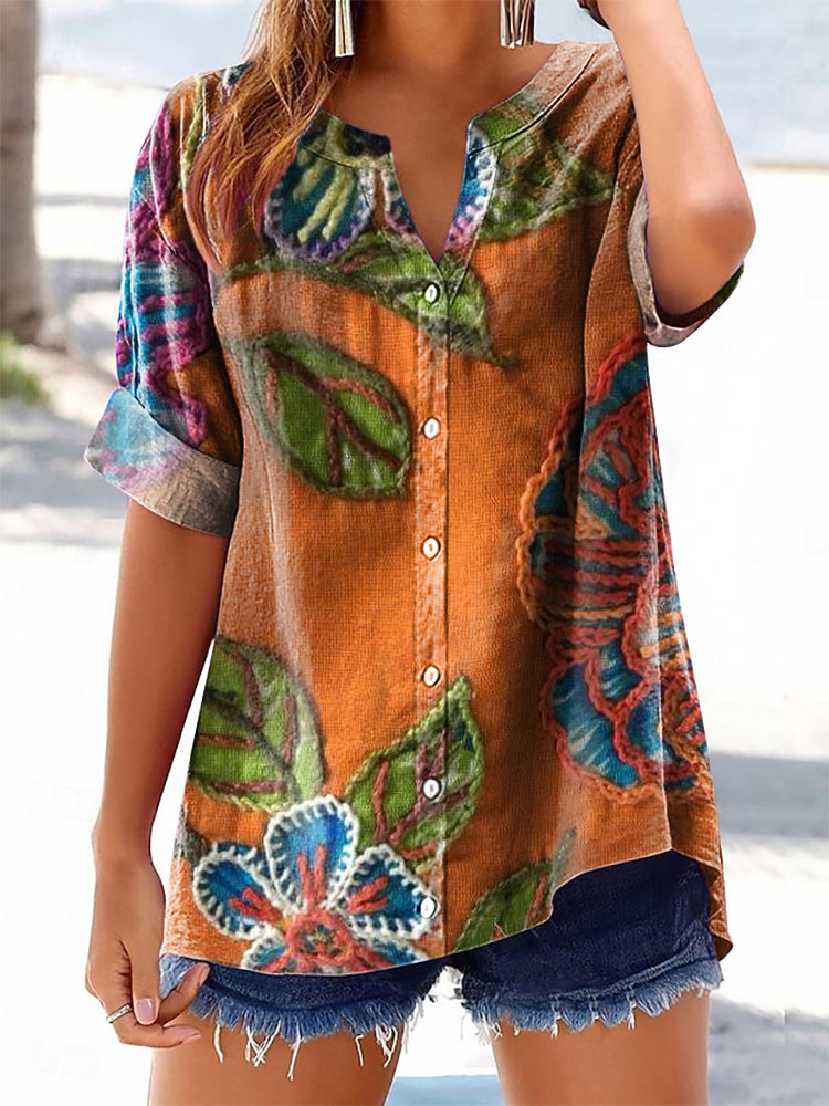 Women's Floral Pattern Art Print Casual Cotton Linen Short Sleeve Shir
