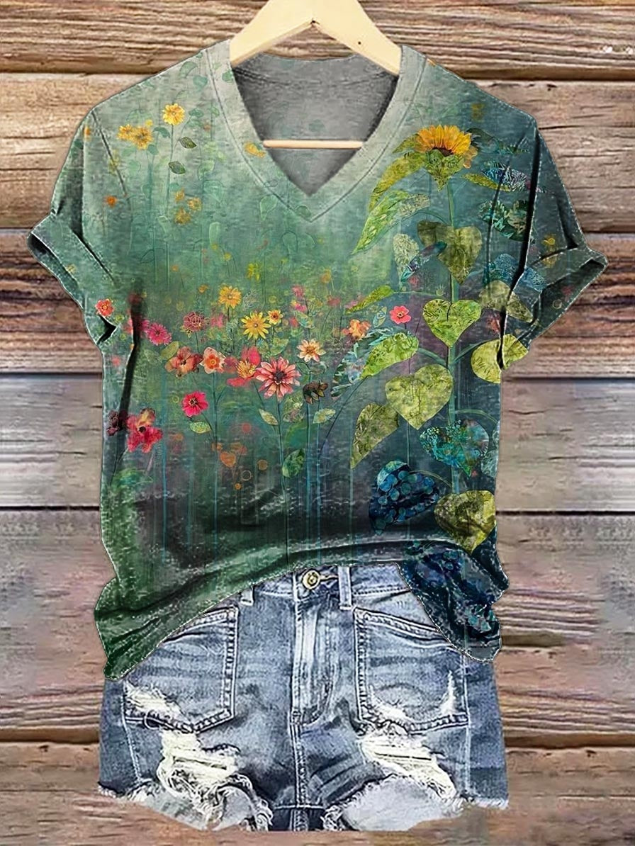 Women's Vintage Floral Print V-Neck Comfort Cotton T-Shirt