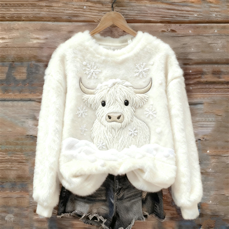 Comstylish Highland Cow & Snow Embroidered Cozy Plush Sweatshirt
