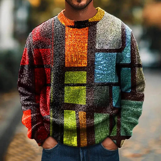 Gentleman Vintage Colorful Geometric Art Print Knit Crew Neck Pullover Sweater elevenforest