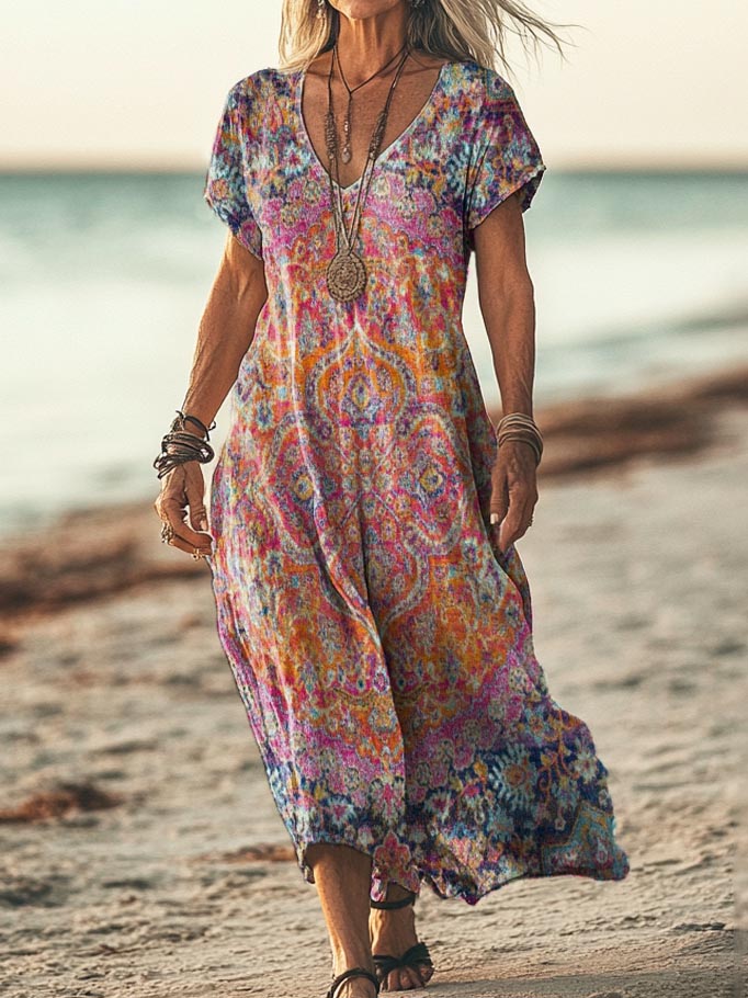 Women's Vintage Ethnic Totem Art Pattern Print Pocket Cotton Dress