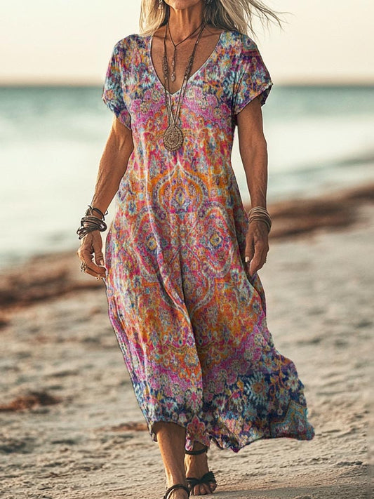 Women's Vintage Ethnic Totem Art Pattern Print Pocket Cotton Dress
