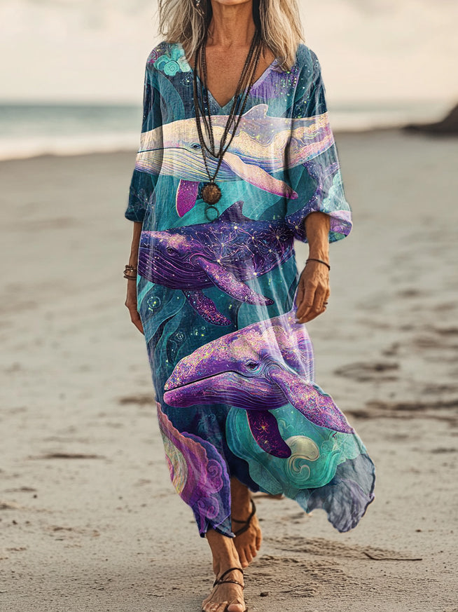 Women's Vintage Whale Art Print Pocket Cotton Dress