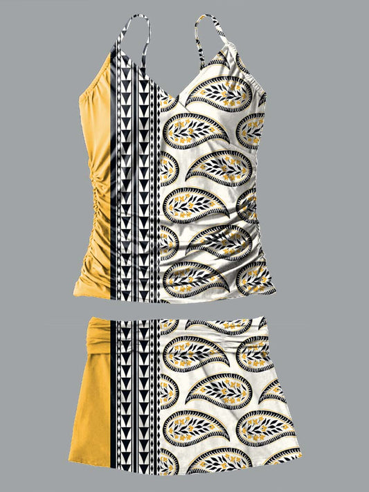 V-Neck Vintage Yellow Ethnic Stripes Paisley Print Suspender Skirt Tankini Pantskirt Set Swimsuit
