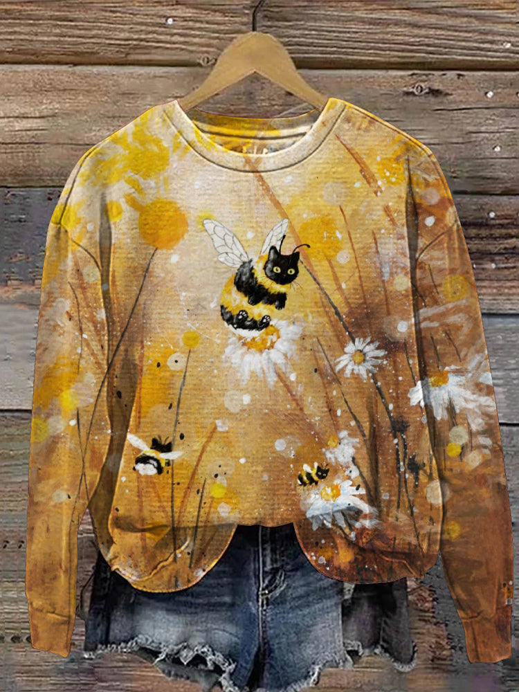 Bee Cat & Floral Print Women's Casual Sweatshirt elevenforest