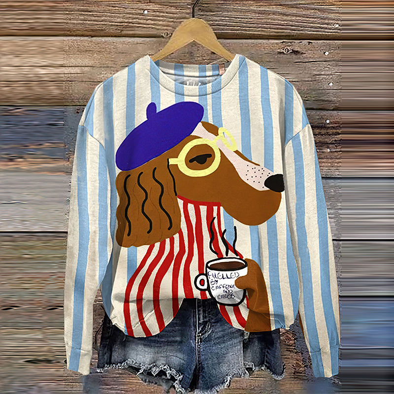 Comstylish Drinking Coffee Dog Stripe Art Print Crew Neck Sweatshirt