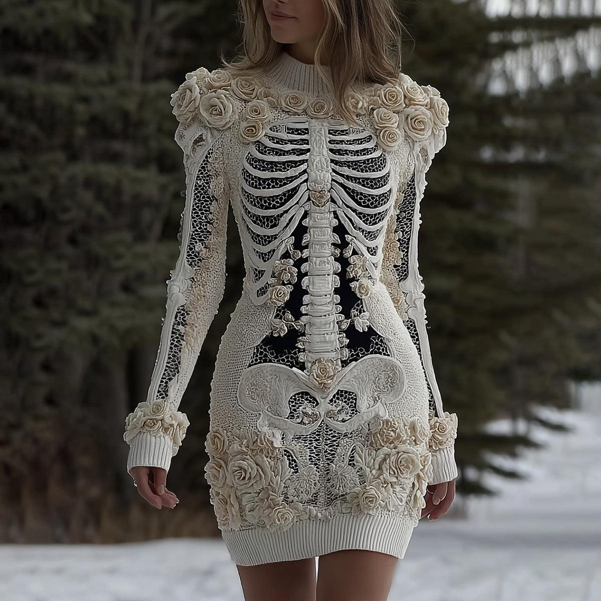 Women's Halloween Skeleton Bones With Rose Art Cozy Knit Mini Sweater Dress artswardrobe