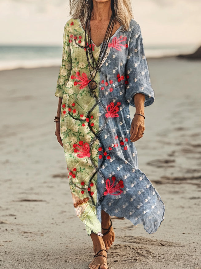 Women's Vintage Floral Patchwork Art Print Pocket Cotton Dress