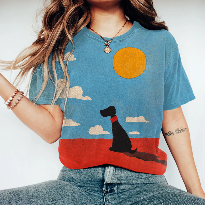 Comstylish Women's Black Dog Sun And Cloud Print Round Neck Casual T-Shirt