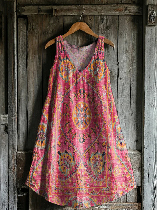 Women's Retro Ethnic Totem Pattern Print V-neck Pocket Cotton Dress