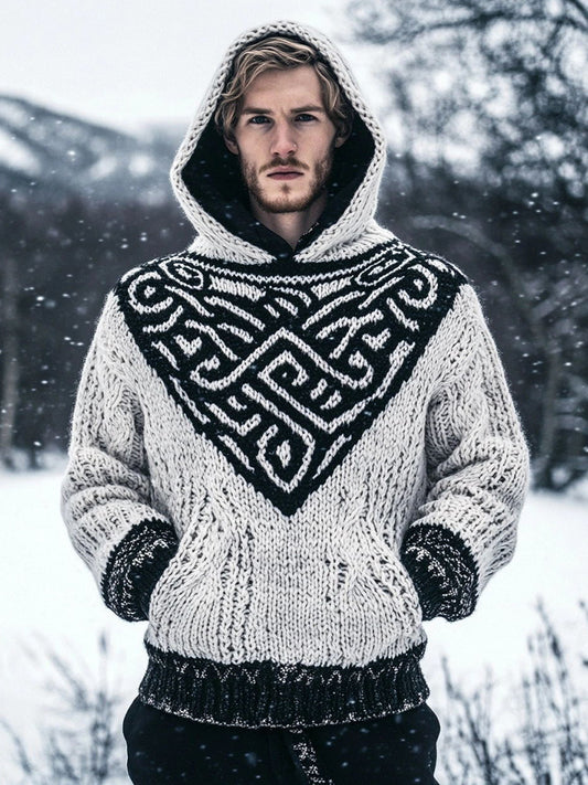 Men's Viking Style Celtic Knot Jacquard Knit Hooded Sweater artswardrobe