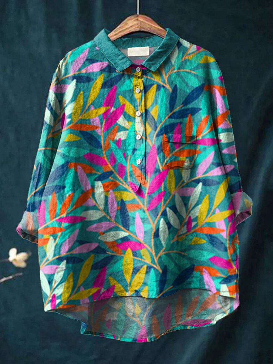 Women's Watercolor Flowers Floral Art Print Casual Cotton And Linen Shirt