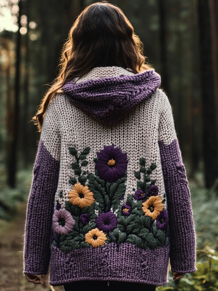 Elegant Flower Embroidered Cozy Chunky Hooded Cardigan elevenforest