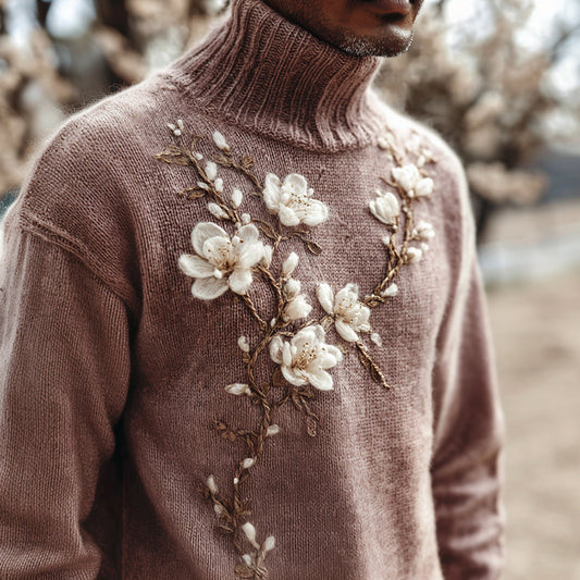 Men's Vintage White Almond Blossom Art Jacquard Thick Warm Turtleneck Sweater elevenforest