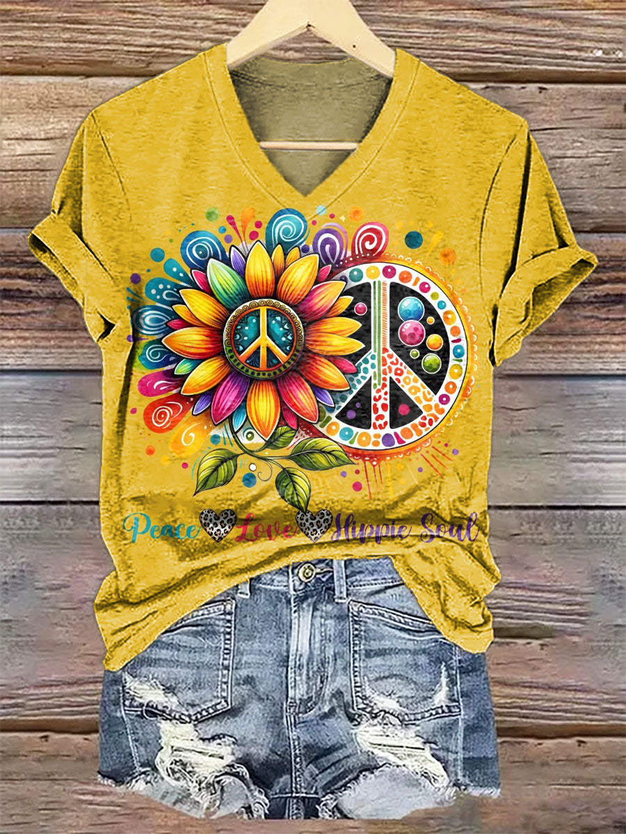 Women's Hippie Art Print V-Neck T-Shirt