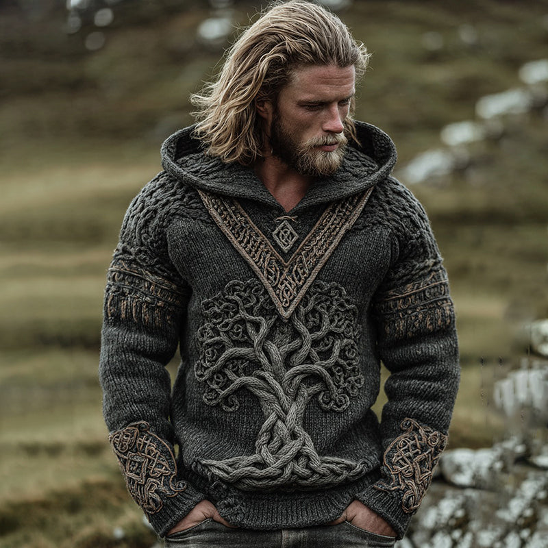 Men's Vintage Viking Life Of Tree Art Jacquard Knitted Cozy Hooded Sweater artswardrobe