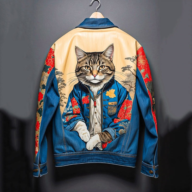 Comstylish Casual Japanese Art Cat Flower Contrast Denim Jacket