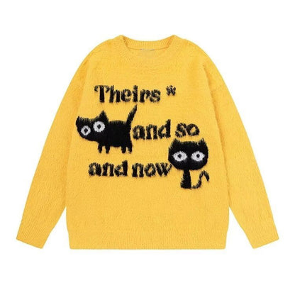 Abstract Cute Black Cat Graphic Jacquard Art Fuzzy Knit Unisex Sweater artswardrobe