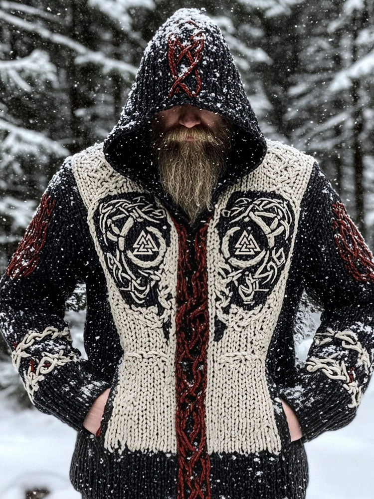 Men's Viking Valknut Celtic Jacquard Chunky Hooded Sweater elevenforest