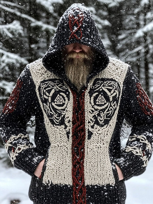 Men's Viking Valknut Celtic Jacquard Chunky Hooded Sweater elevenforest