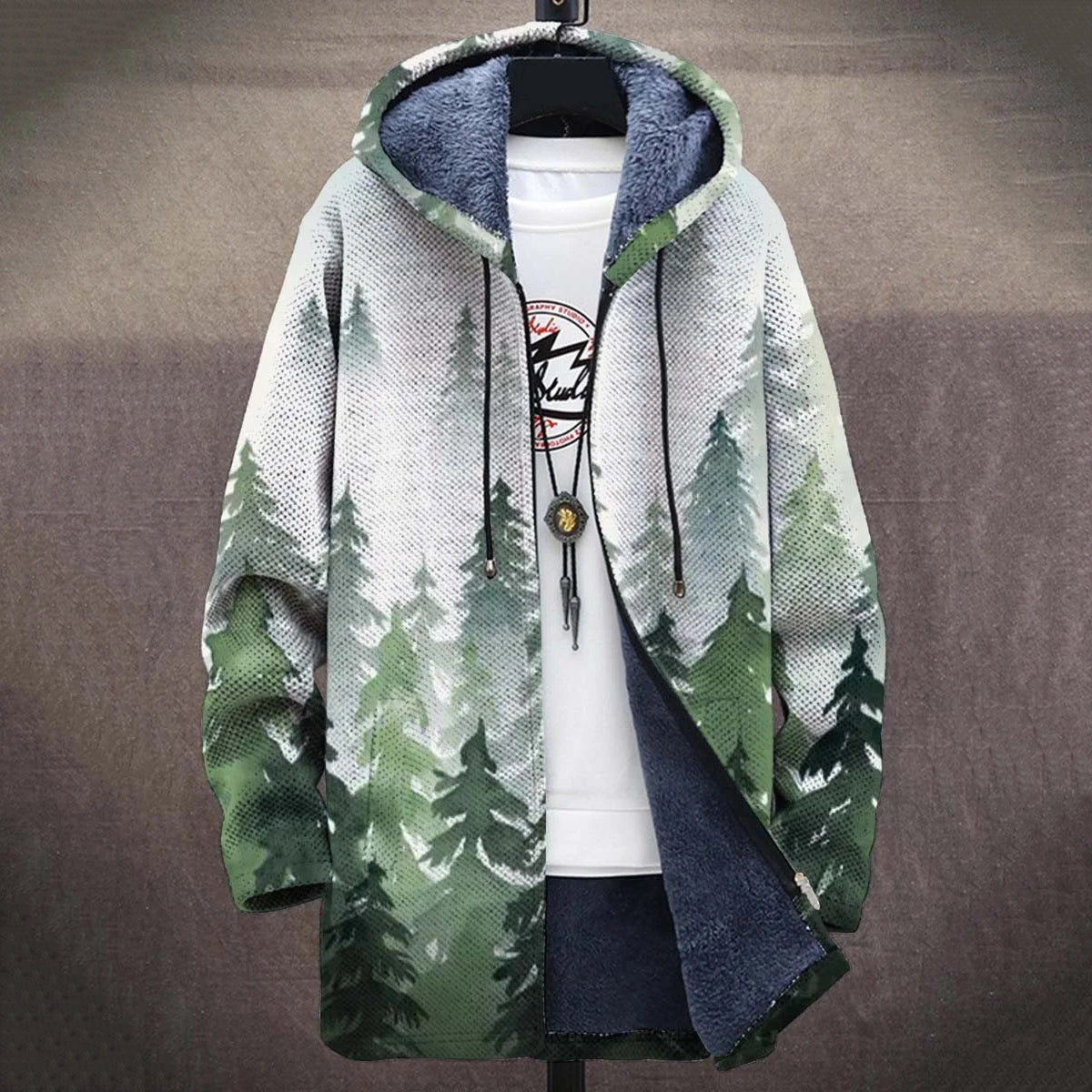 Men'S Landscape Painting Botanical Print Hooded Fleece Cardigan Jacket elevenforest