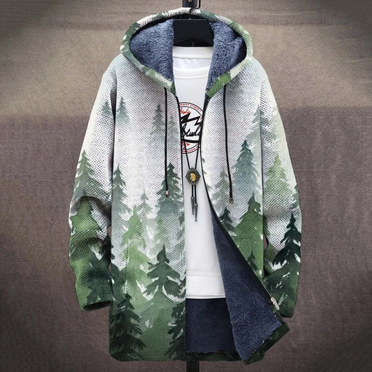 Men'S Landscape Painting Botanical Print Hooded Fleece Cardigan Jacket elevenforest