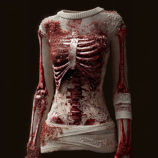 Comstylish Elegant Skeleton Bloody Lace Bandages Round Neck Sweater