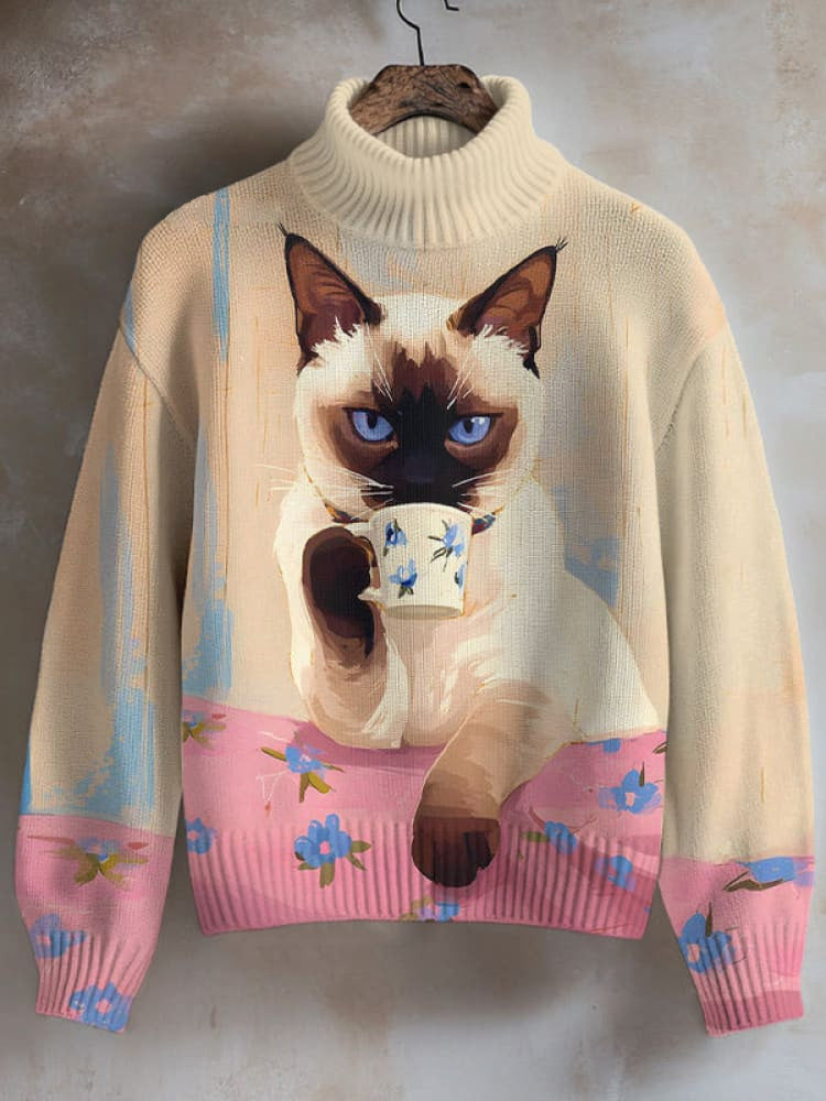Comstylish Women's Elegant Siamese Cat Drinking Coffee Art Print High Neck Knit Sweatshirt