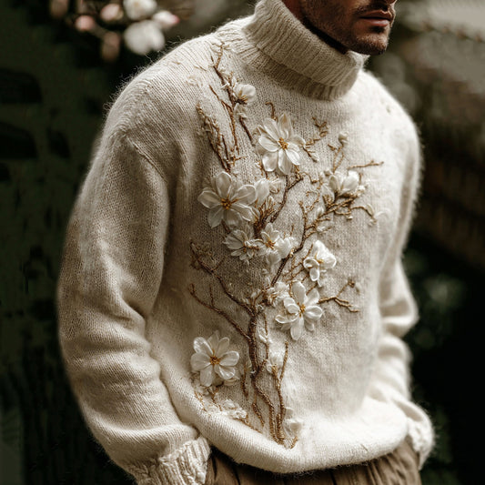 Men's Vintage White Almond Blossom Art Jacquard Thick Warm Turtleneck Sweater artswardrobe