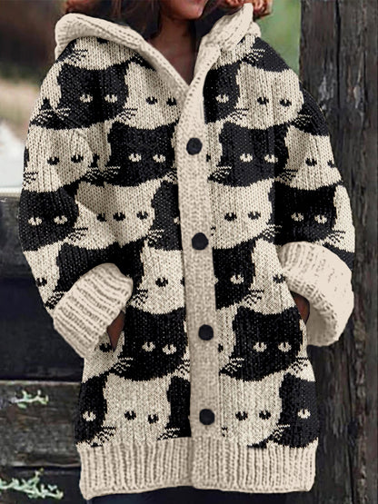 Comstylish Lovely Cats Knit Art Cozy Hooded Cardigan