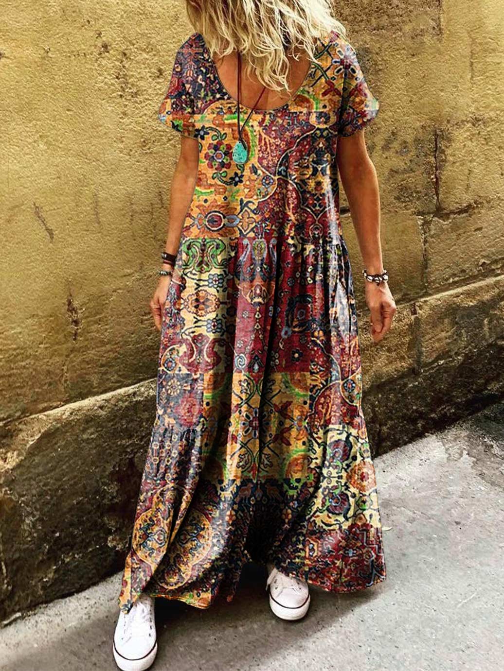 Women's Hippie Art Floral Print Round Neck Short Sleeve Dress